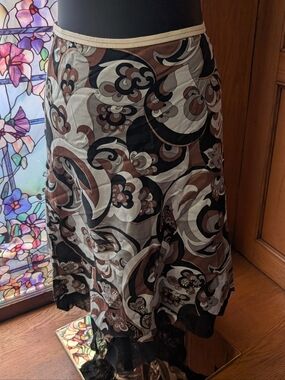 Rozae Nichols Brown, Black & Cream A-Line Patterned Skirt